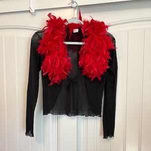 90’s vintage Pandora Black and Red Sheer Feather Trim Tie Up long sleeve Top